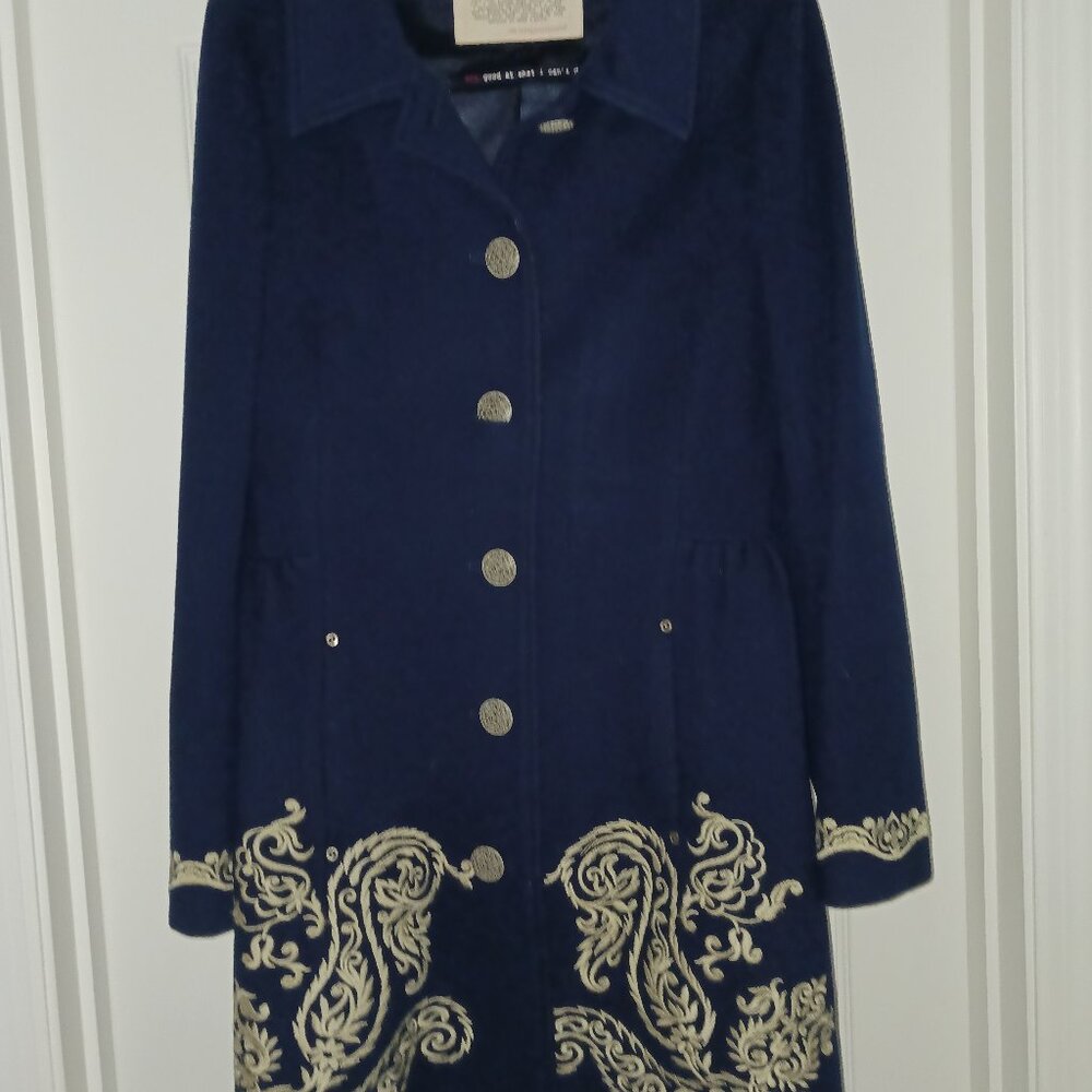Odd Molly Blue Embroidered Wool Midi Swing Coat